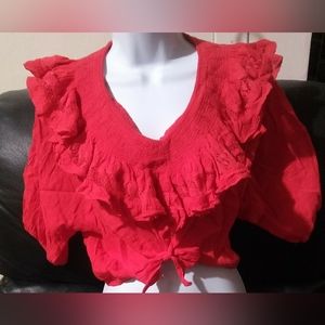 "Stoplight" Retro Tie front Ruffled Lace Collar Crop Top